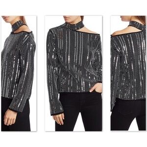 RtA Langley Cut-Out Sequin Stripe Sweater in Chrome MSRP $595